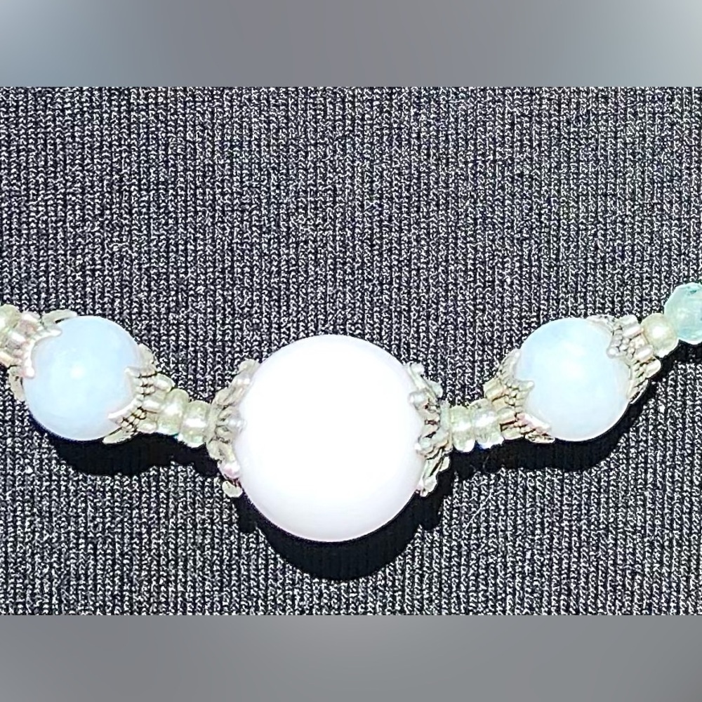 HAND CRAFTED Upcycled Blue White Silver Necklace earring set Feminine Delicate - Picture 5 of 14